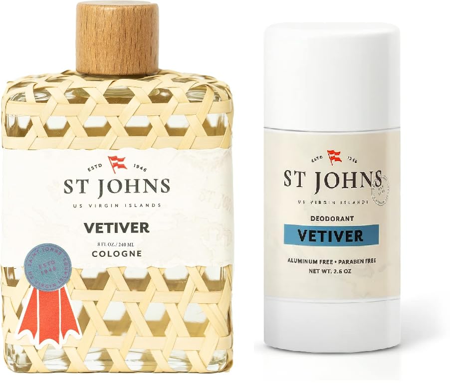 St Johns Vetiver Aluminum Free Deodorant | Clear Deodorant 2.6 oz Stick and Classic Vetiver Cologne | New Virgin Islands Inspired Fresh Cologne Scent