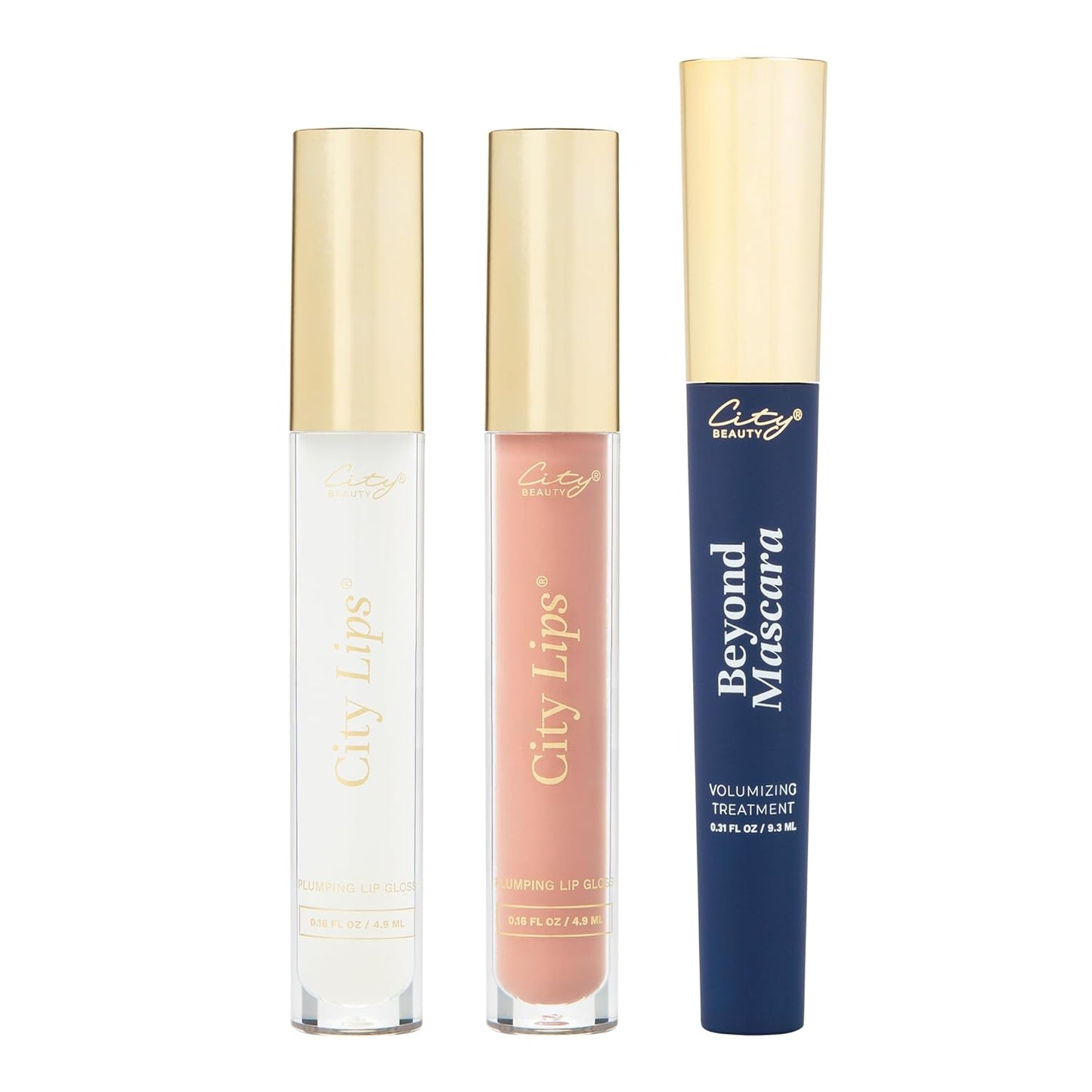 City Beauty 3 Piece Lips and Lash Bundle - City Lips Clear, City Lips Pink Nude, Beyond Mascara - Plumping Lip Gloss and Volumizing Mascara Treatment