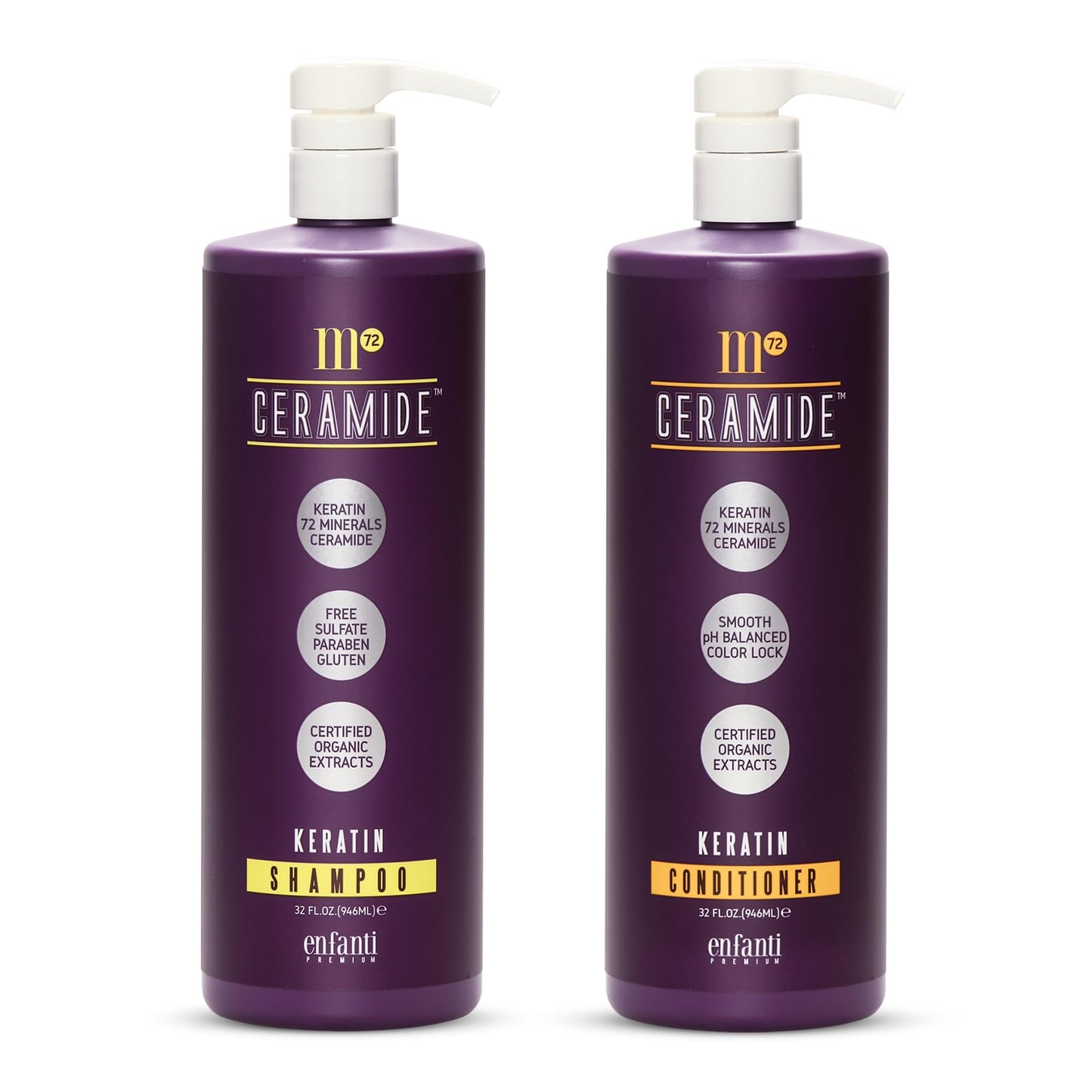 Bioken M72 Ceramide Keratin Shampoo and Conditioner Set – 32 oz 72 Minerals Organic Herb Extracts Moisturizing Strengthen Hair Scalp Care Sulfate Free