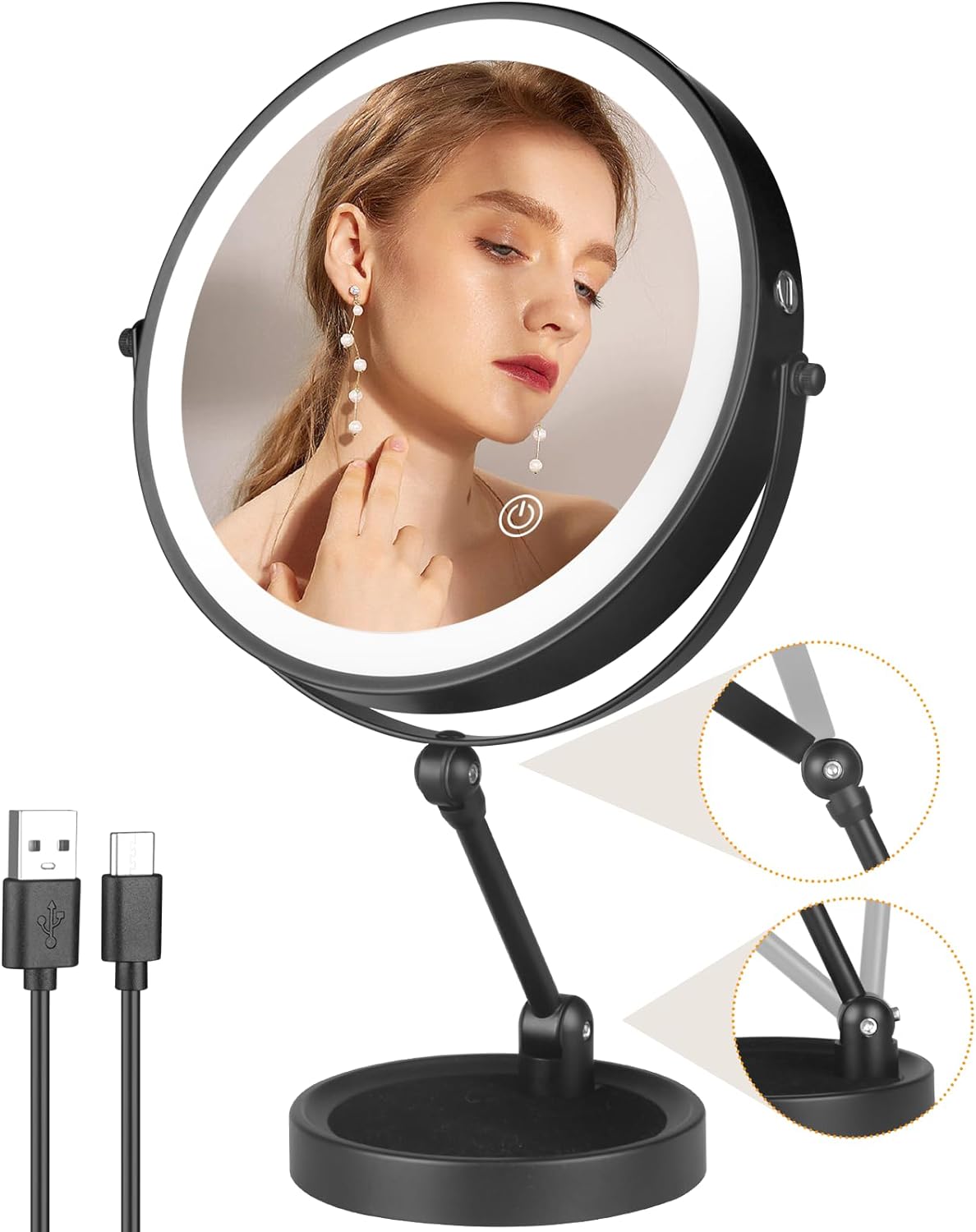9 Inch lighted magnifying mirror with Adjustable Height, Double Side 1x/10x Magnifying Mirror with Light, 360°Swivel Vanity Mirror with Stand Brightness Adjustable Travel Cosmetic Mirror (Black)