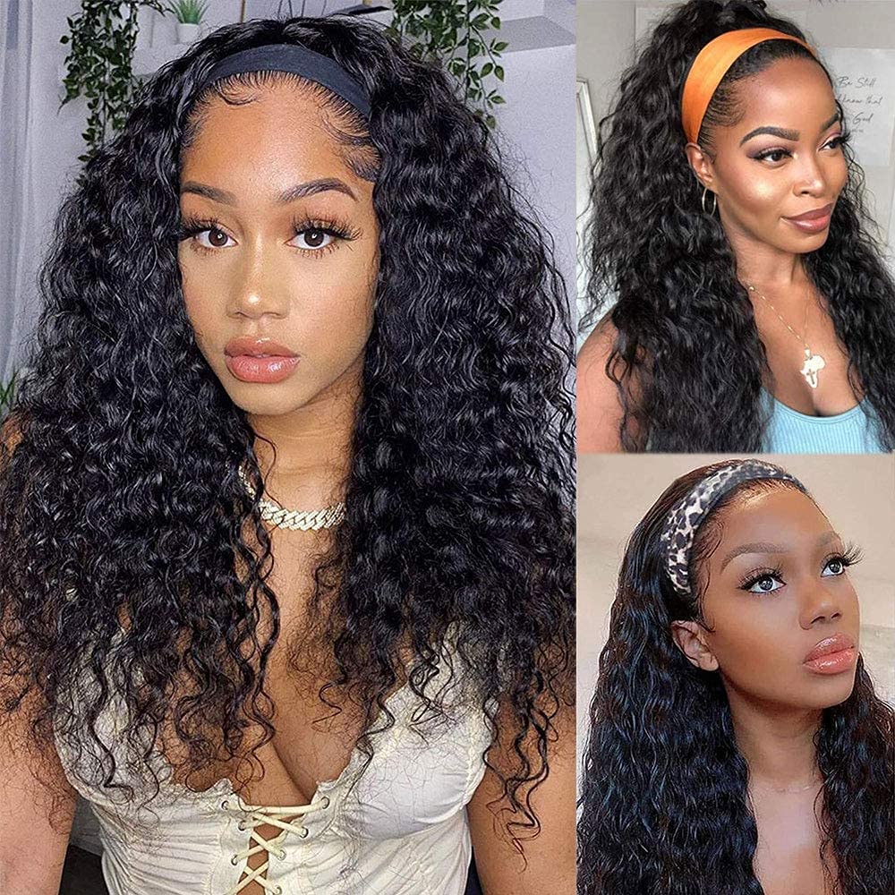 Water Wave Headband Wig Human Hair Wet and Wavy Headband Wigs for Black Women Curly Human Hair Wig with Headbands Attached Brazilian Hair Machine Made None Lace Front Wigs Natural Color 24 Inch