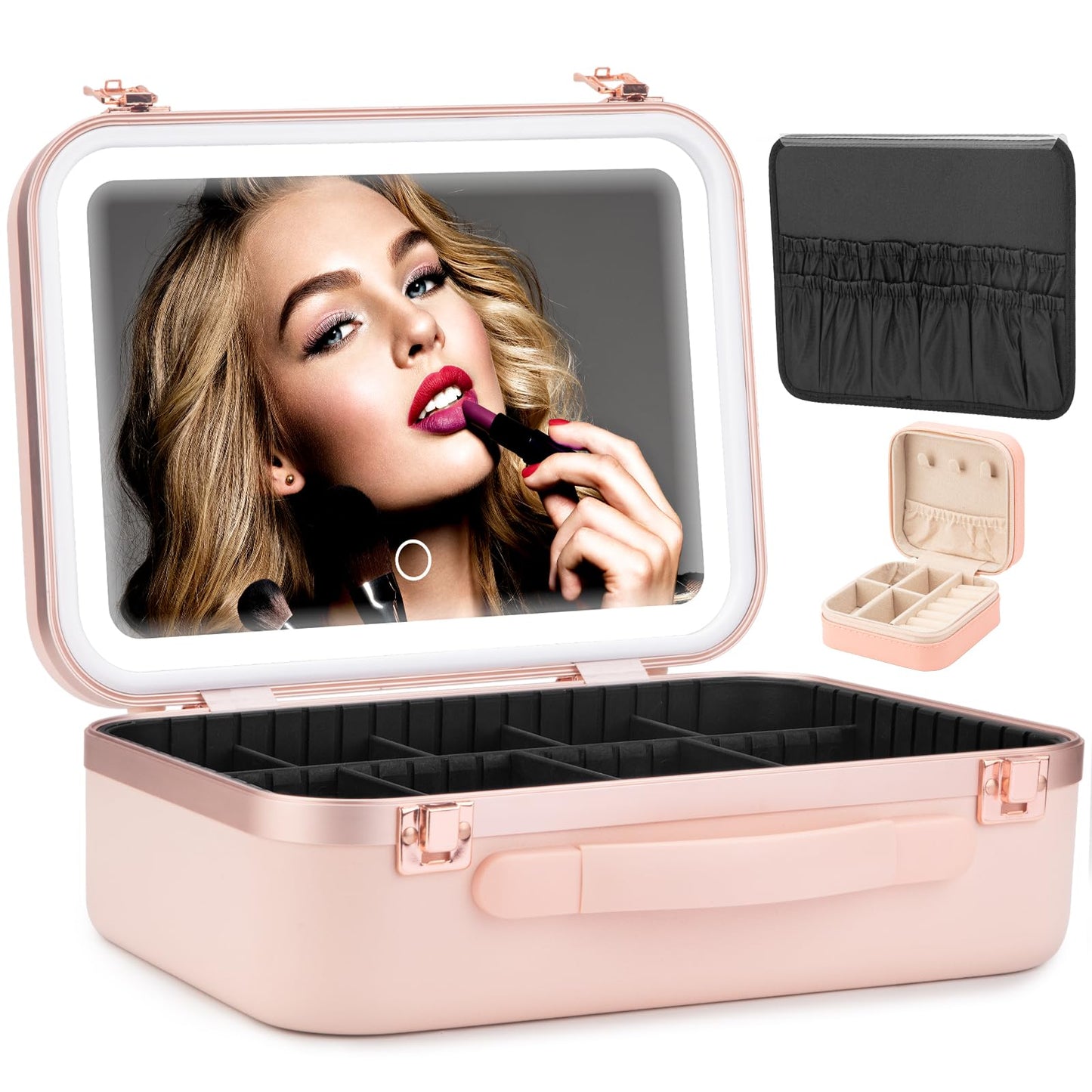 Seoneiro Travel Makeup Case with Light Up Mirror,Portable Waterproof Make Up Lighted Case with 3 Adjustable Brightness, Makeup Organizer with Adjustable Dividers