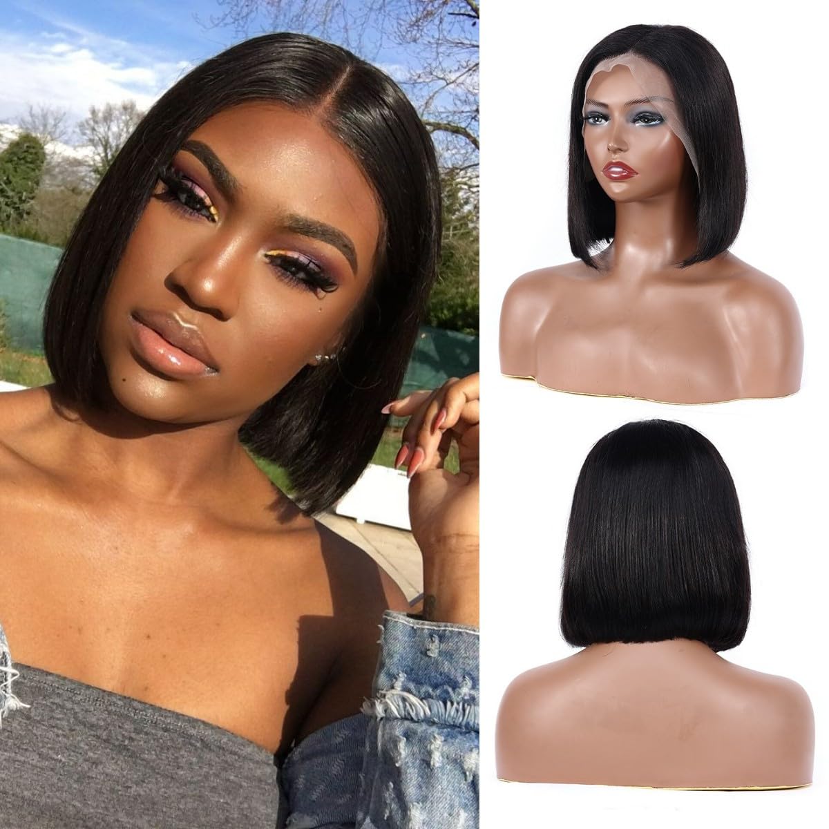 Bob Wig Human Hair Wig 13x4 Glueless Wigs Human Hair Pre Plucked Pre Cut Wear And Go Glueless Wig HD Lace Front Wigs For Black Women Human Hair Glueless Natural Human Hair(10inch, 180% Density)
