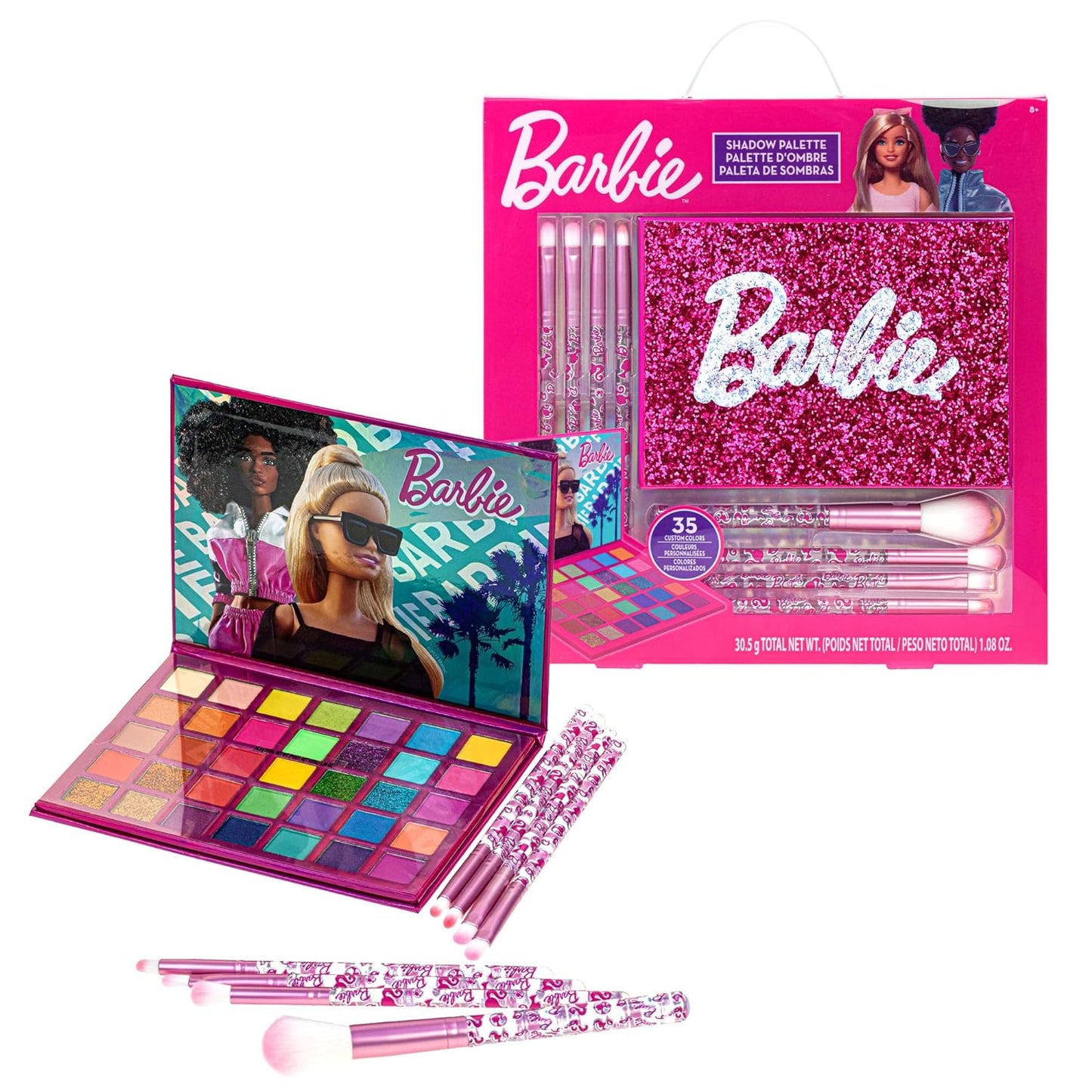 Townley Girl Barbie 35-Well Eyeshadow Palette, Shimmery and Opaque Colors, Pigmented Blendable, 8 Application Brushes Non-Toxic 8+, Perfect for Parties, Sleepovers & Makeovers
