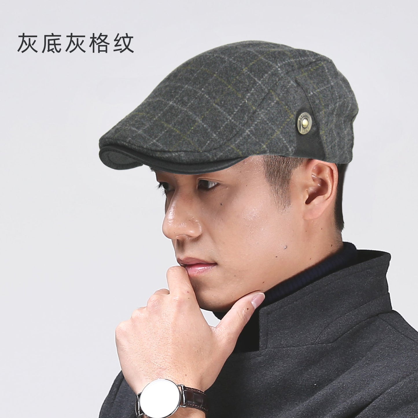 Autumn And Winter Woolen Peaked Cap Retro British Plaid Men's Hat Casual Beret