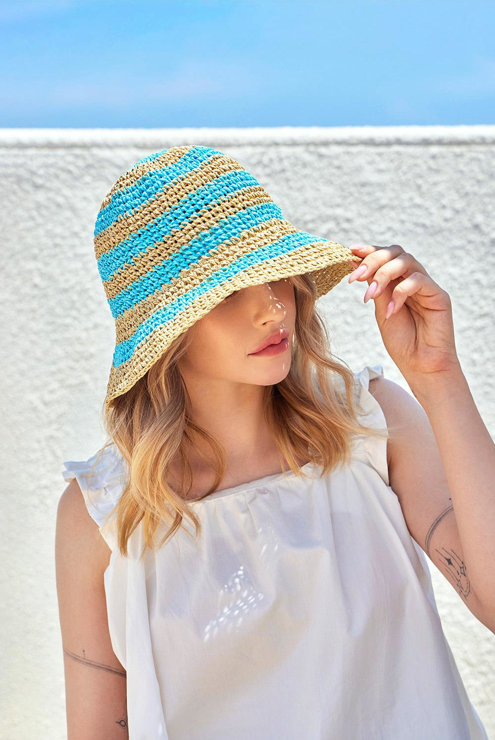 VARZAR Bucket Hat Striped Paper Bucket Hat Blue