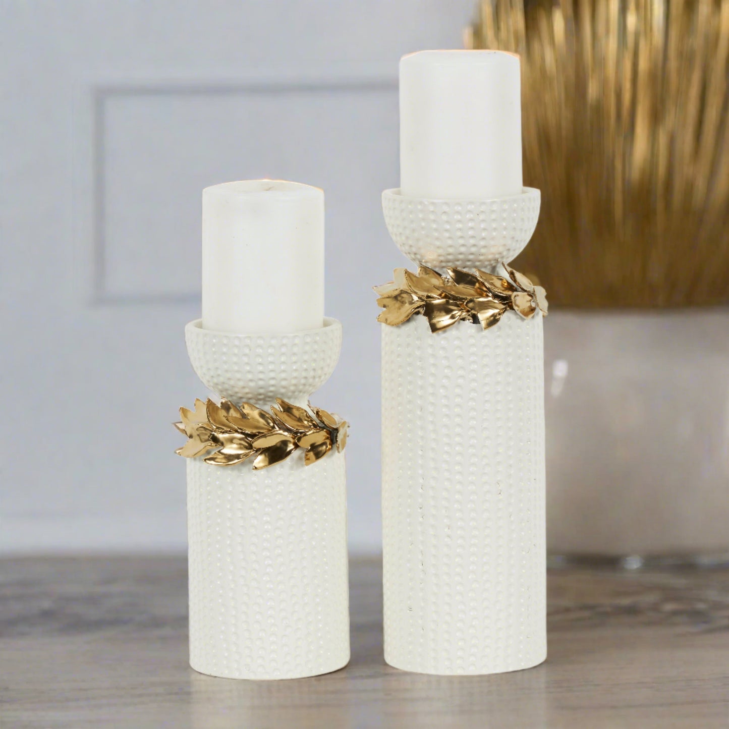 White Ceramic Candle Holder with Abstract Spotted Pattern and Gold Leaf Accents ( Set of 2)