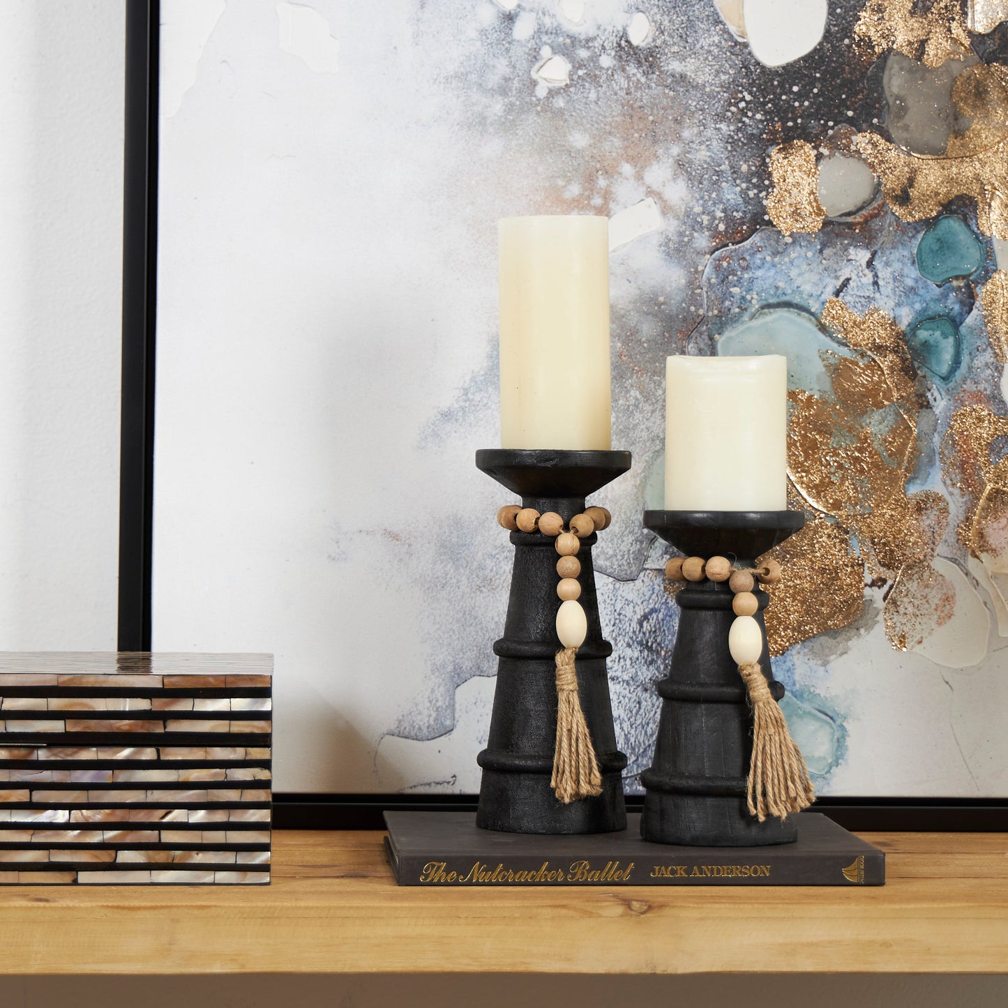 Black Wood Handmade Textured Matte Candle Holder with Bead Garland ( Set of 2 )