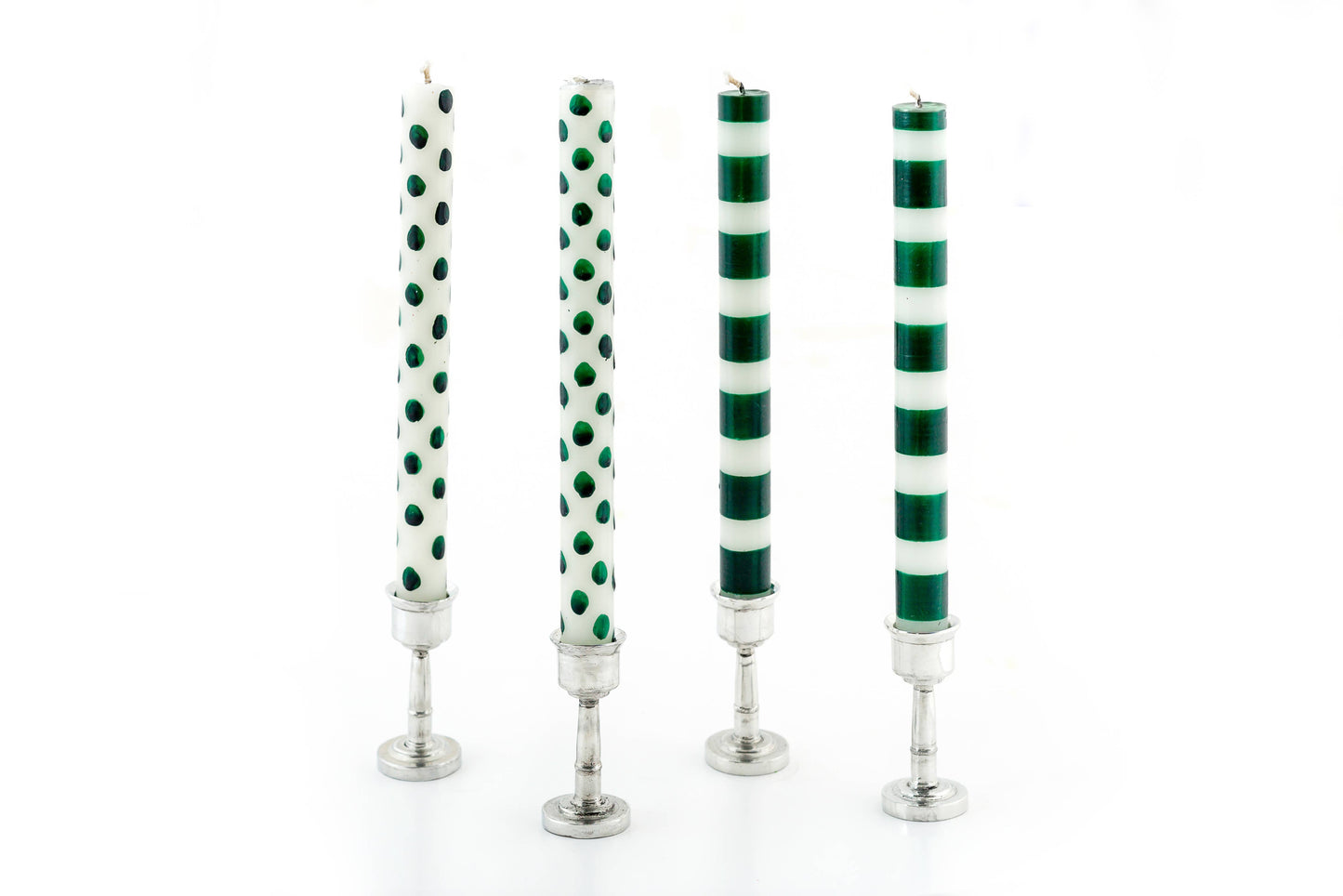 {Thumbprint Artifacts} Taper Candles :: Green Dots & Stripes :: Set of 4