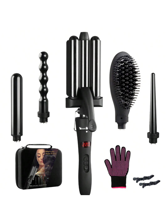 Webeauty Curling Iron Set 5 In 1 Curling Wand Beach Hair Waver Curling Iron & 3 Interchangeable Barrel With Hair Straightener Comb, Hot Tools Curling Iron With PTC Instant Heat Up & Intelligent LED Display