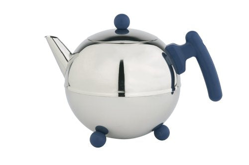 bredemeijer Bella Ronde Double Walled Teapot, 1.2-Liter, Stainless Steel with Blue Accents