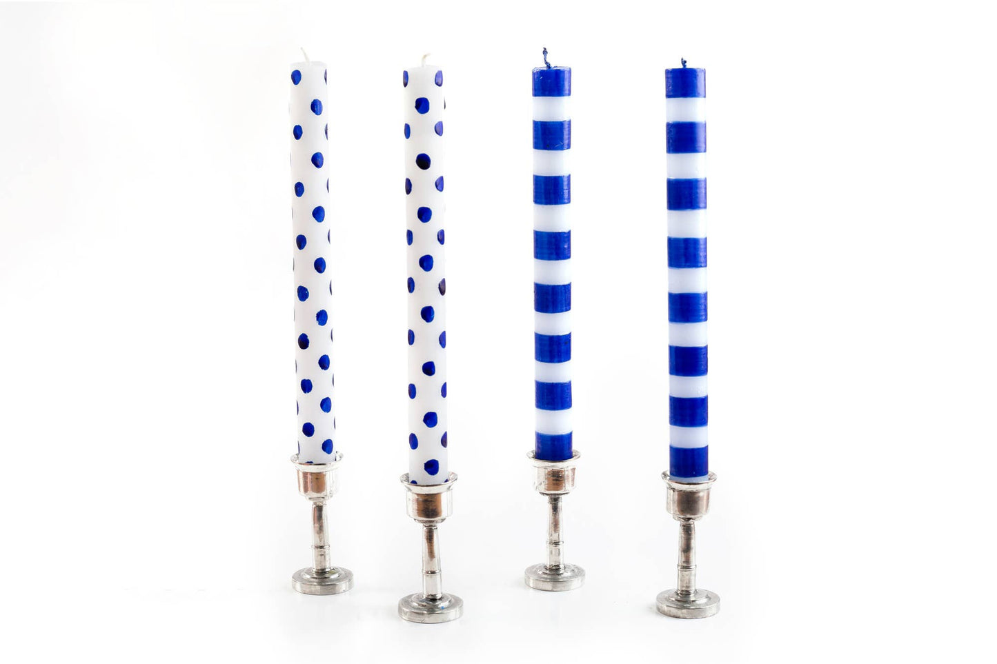 {Thumbprint Artifacts} Taper Candles :: Blue Dots & Stripes :: Set of 4