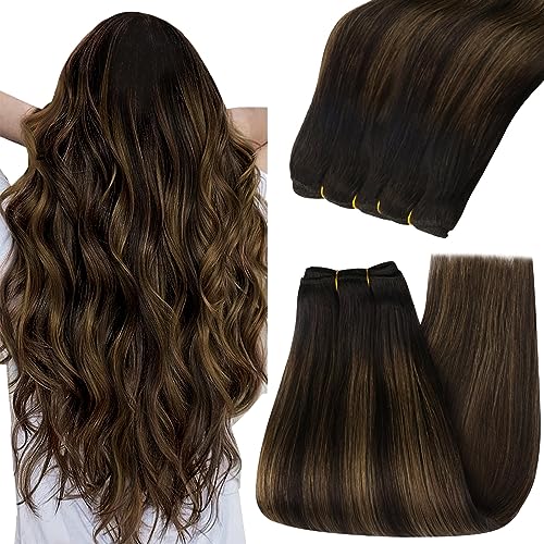 [Customer Favorite] YoungSee Sew in Hair Extensions Balayage Weft Human Hair Extensions Dark Brown Mix Medium Brown Highlights Brown Balayage Human Hair Extensions Weft 18Inch 100G