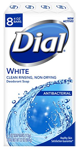 Dial White Antibacterial Deodorant Bar Soap, Clean Rinsing, Non-Drying, 9/8 Bars 4OZ (Pack of 72)