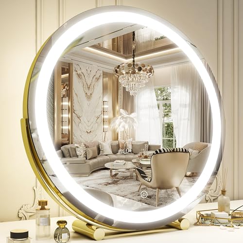 Vierose 18 Inch Large Vanity Mirror with Lights, Round LED Makeup Mirror, Tabletop Light Up Mirror for Dressing Room & Bedroom, Smart Touch Control 3 Colors Dimmable, 360° Rotation (Golden)