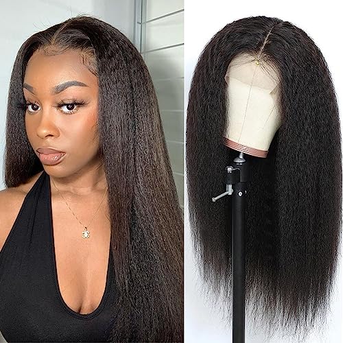 veravicky Kinky Straight Lace Front Wigs Human Hair 180% Density 13x4 Glueless Wigs for Women 18 inch Yaki Straight Wigs Pre Plucked with Baby Hair Natural Color