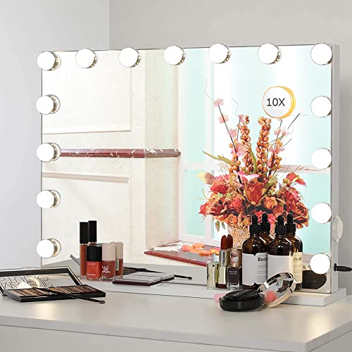 Zdorzi Vanity Mirror with Lights,Large Hollywood Lighted Makeup Mirror with 15 Dimmable LED Bulbs,3 Color Modes,Touch Control,10X Magnification for Bedroom,Tabletop or Wall-Mounted(23in)