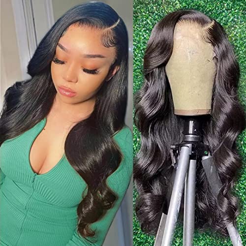 CAOKIA Body Wave Lace Front Wigs Human Hair Pre Plucked 13x4 HD Lace Frontal Wig with Baby Hair 180% Density Brazilian Lace Front Human Hair Wigs for Black Women Natural Black(20inch)