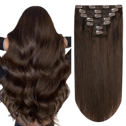 Clip in Hair Extensions Real Human Hair 18 inch Remy Hair Extensions Clip ins 120g Dark Brown Double Weft Natural Straight Clip in Hair Extensions for Women(18inch,7pcs, 120g)