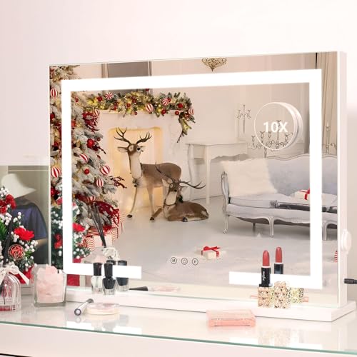 AMST Makeup Mirror with Lights, Lighted Vanity Mirror with Dimmable 3 Lighting Modes LED Strip, Wall-Mounted and Tabletop Dresser Mirror with USB Charging Port (22.83" x 18"), White