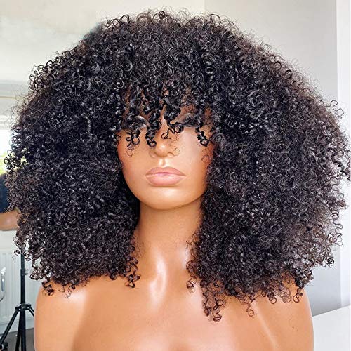 ARUKIHAIR Afro Kinky Curly Wig With Bangs Full Machine Made Scalp Top Wig 200 Density Virgin Brazilian Short Curly Human Hair Wigs Natural Color 12 inch