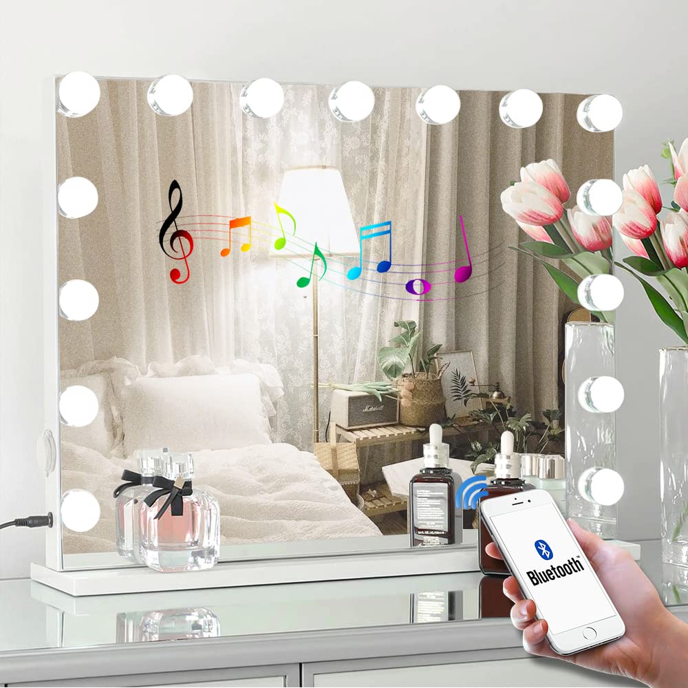 Despful 22.8"x 18.1" Large Hollywood Bluetooth Lighted Vanity Mirror with 15 LED Bulbs & Speaker,10X Magnification,3 Color Modes,Touch Control for Wall-Mounted, White