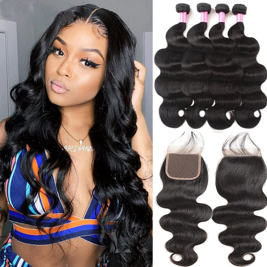 10A Brazilian Body Wave Bundles with Closure(12 14 16 18+10 Closure) Human Hair 4 Bundles with 4x4 Lace Closure Braziian Virgin Human Hair Bundles with Closure