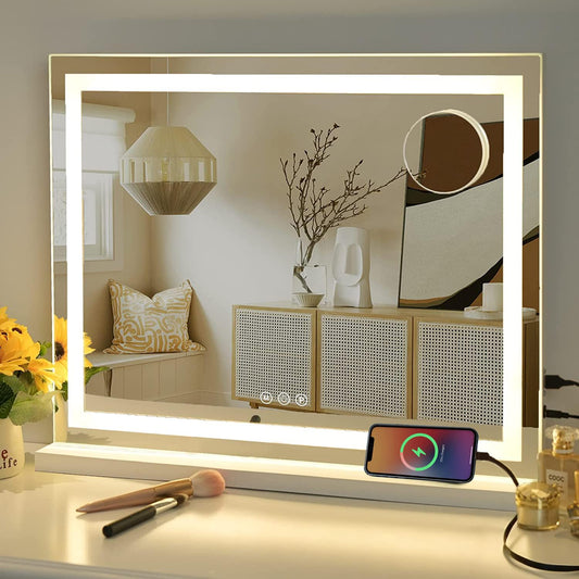 Sucedey Vanity Mirror with Lights, 23" x 18" Makeup Mirror, Hollywood Mirror with 3 Color Modes & Adjustable Brightness, Detachable 10x Magnification and USB Charging Design (White)