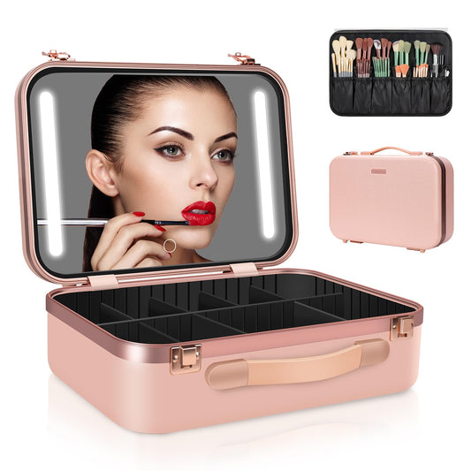 Chignon 13.5” X 9.5” Large Makeup Case with Lighted Up Mirror, Professional Travel Vanity Cosmetic Train Case, 3 Led Colors and Adjustable Brightness Makeup Bag Organizer for Women Girls