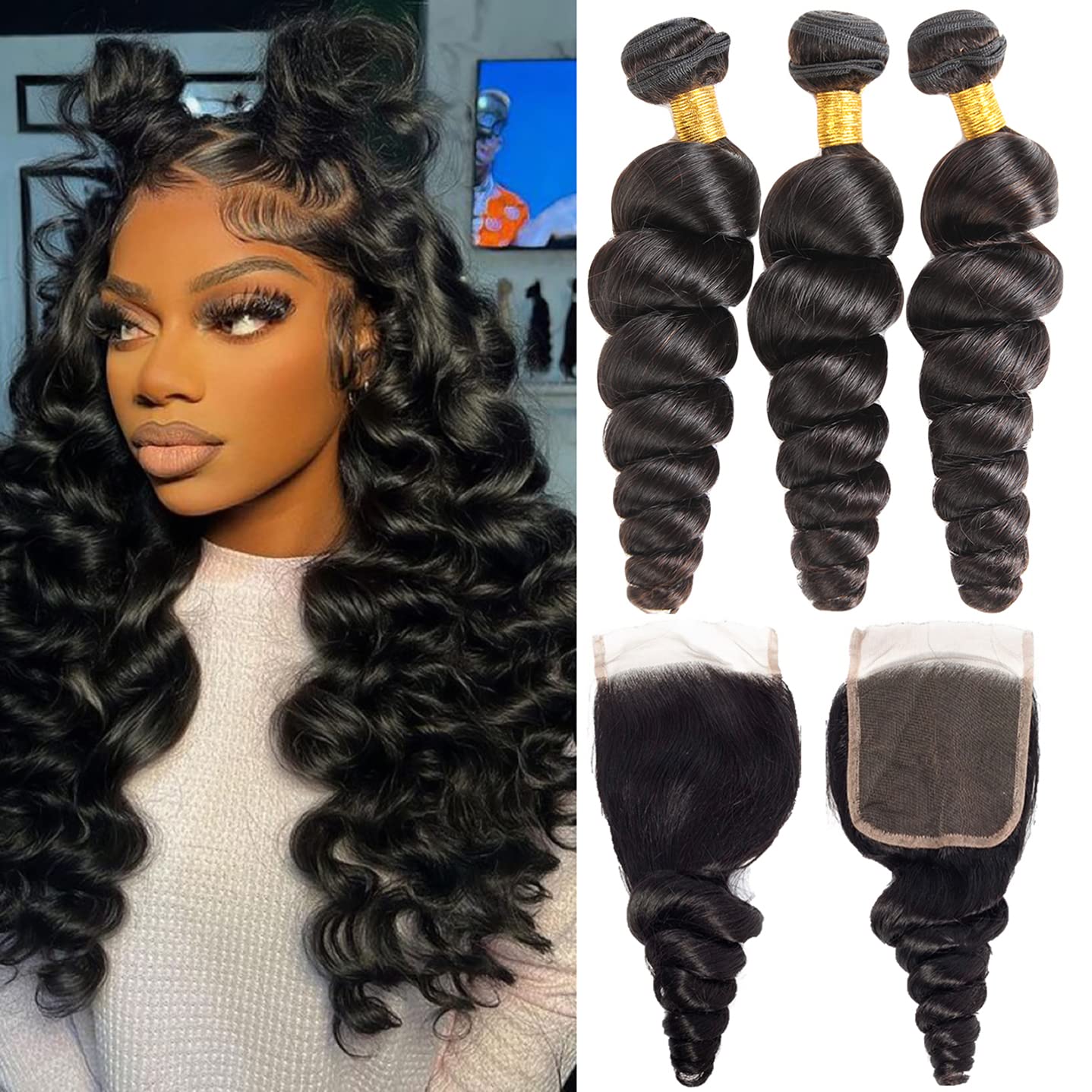 Brazilian Loose Wave Human Hair Weave 3 Bundles with 4X4 Lace Closure Free Part (14 16 18 +12) Brazilian Virgin Loose Deep Human Hair Bundle 100% Unprocessed Hair Weft Extensions Natural Black Color