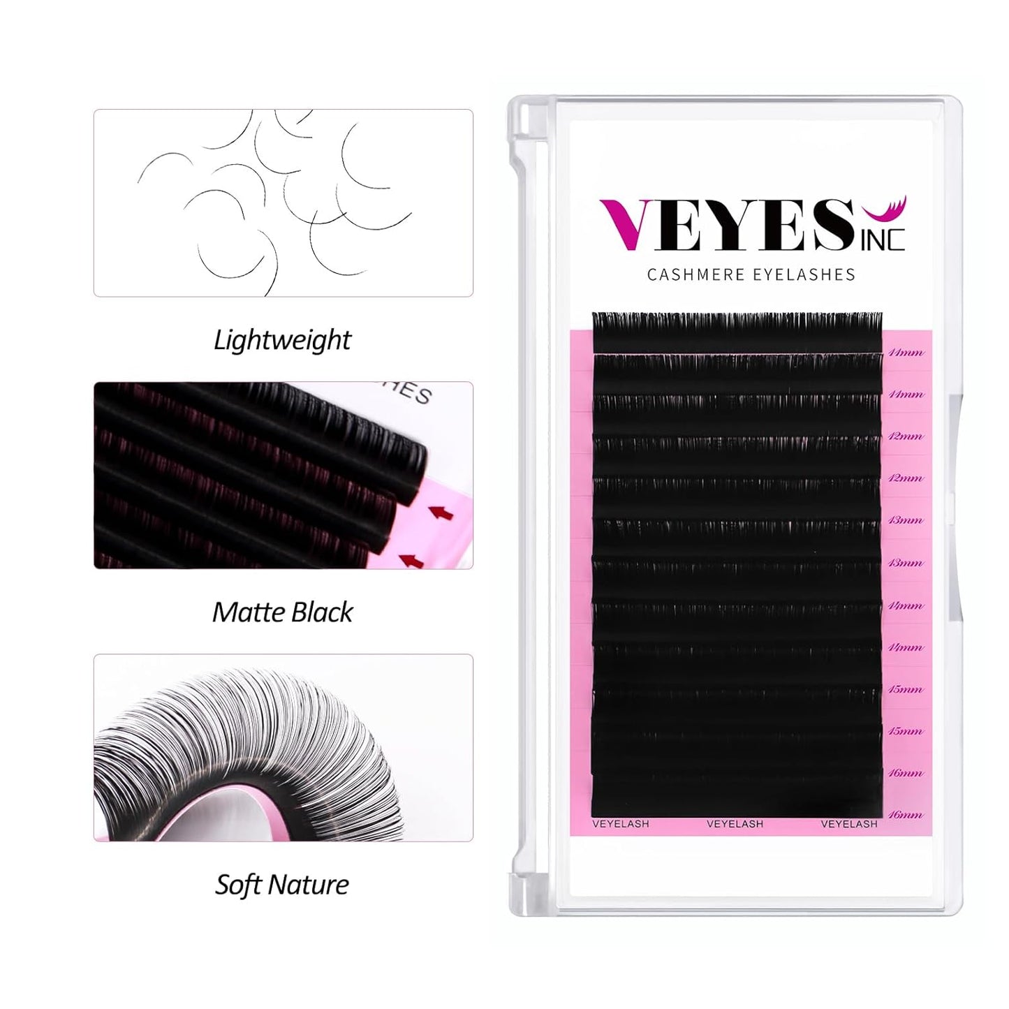 VEYES INC Cashmere Volume Lash Extensions C CC D DD LD L B J M Curl 0.03-0.20 thickness, Super Matte Black Individual Eyelashes Tray, Professional Supplies for Lash Techs (0.05 D 8-16mm)