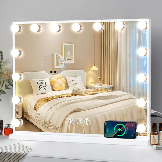 COOLJEEN Vanity Mirror with Lights, Hollywood Mirror with 15 Dimmable Bulbs and USB Charging Port, 3 Color Lighted Makeup Mirror 10X Magnification Makeup Mirror with Lights, Tabletop