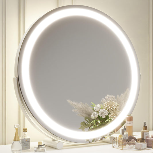 ROLOVE Vanity Makeup Mirror with Lights, 18 Inch LED Makeup Mirror, Lighted Vanity Mirror with Lights, Smart Touch Control 3 Colors Dimmable Round Mirror, Tabletop ＆ Desk Mirror, 360°Rotation (White)