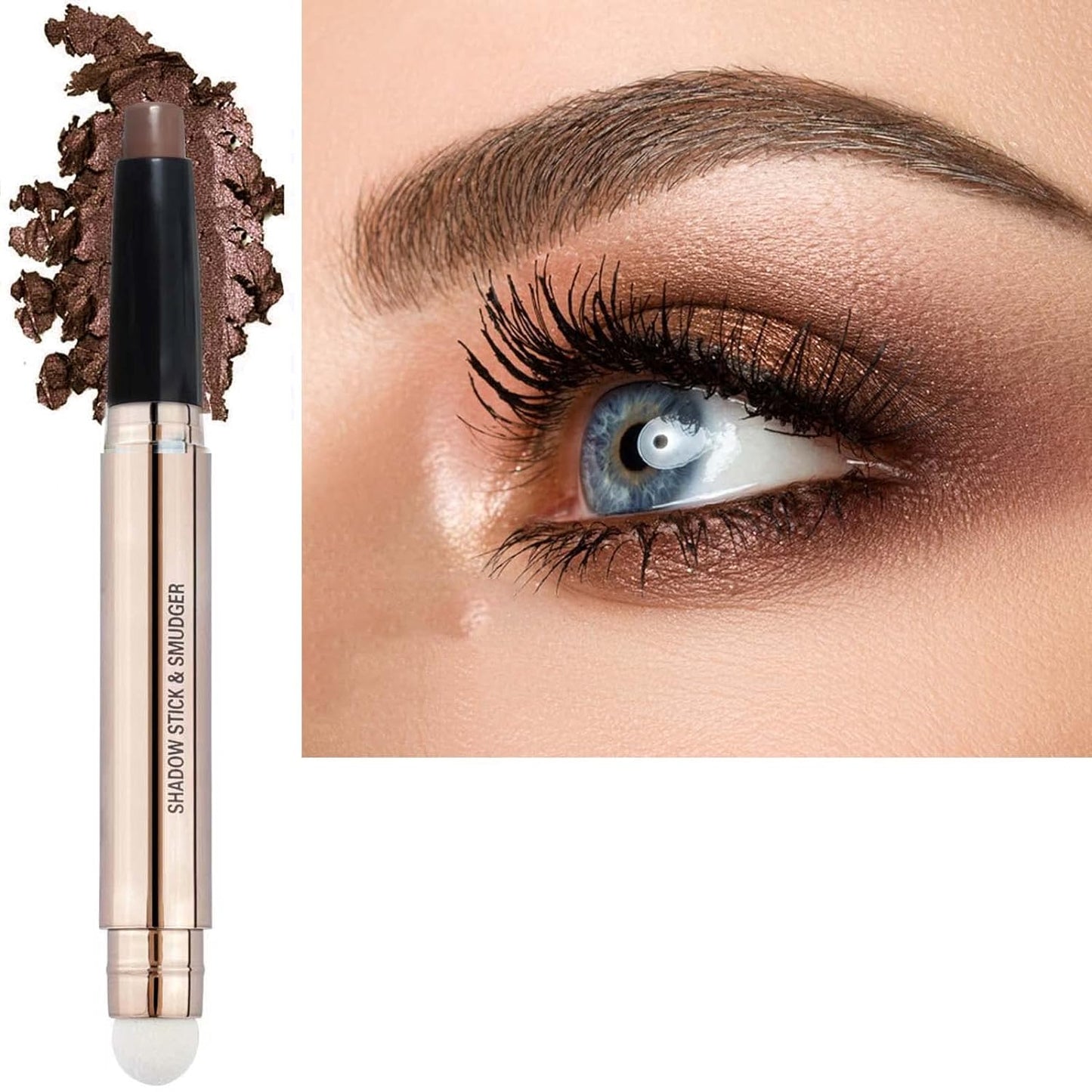 Brown Eyeshadow Stick and Sponge Makeup Brush Smooth Cream Shimmer Shadow Pencil Long Lasting Waterproof Eye Shadow Highlighter Stick Makeup Eye Liner Multi-Dimensional eyes Look