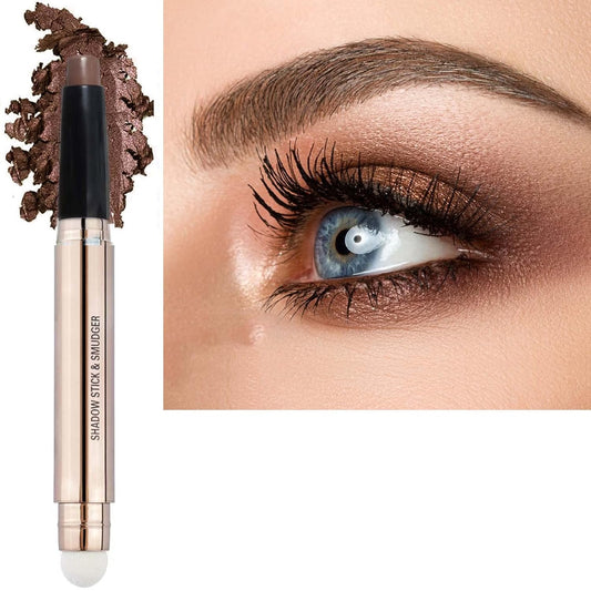 Brown Eyeshadow Stick and Sponge Makeup Brush Smooth Cream Shimmer Shadow Pencil Long Lasting Waterproof Eye Shadow Highlighter Stick Makeup Eye Liner Multi-Dimensional eyes Look