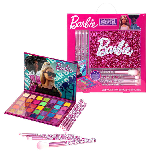 Townley Girl Barbie 35-Well Eyeshadow Palette, Shimmery and Opaque Colors, Pigmented Blendable, 8 Application Brushes Non-Toxic 8+, Perfect for Parties, Sleepovers &amp; Makeovers