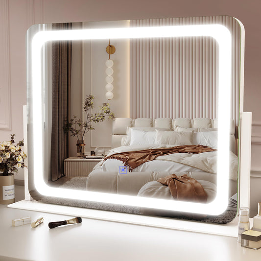 ROLOVE Vanity Mirror Makeup Mirror with Lights, Large Lighted Vanity Mirror, Light Up Mirror with Smart Touch 3 Colors Dimmable, Tabletop Mirror for Makeup Desk, 360° Rotation, 22" x 19", White