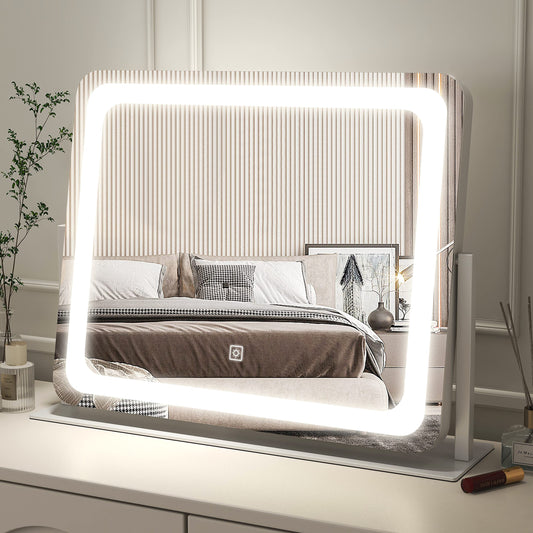 Vierose Large Vanity Mirror with Lights - 22"X18" LED Makeup Mirror, Light up Mirror for Desk, Bedroom Tabletop, Smart Touch Control Dimmable & 3 Color Modes, 360° Rotation, Gift for Women (White)