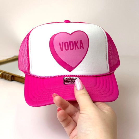 Vodka Conversation Heart Foam Trucker Hat in Hot Pink and White