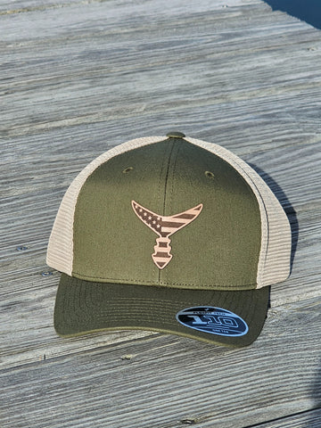 CHASING TAIL SNAP BACK HAT OLIVE/TAN WITH AMERICAN LEATHER