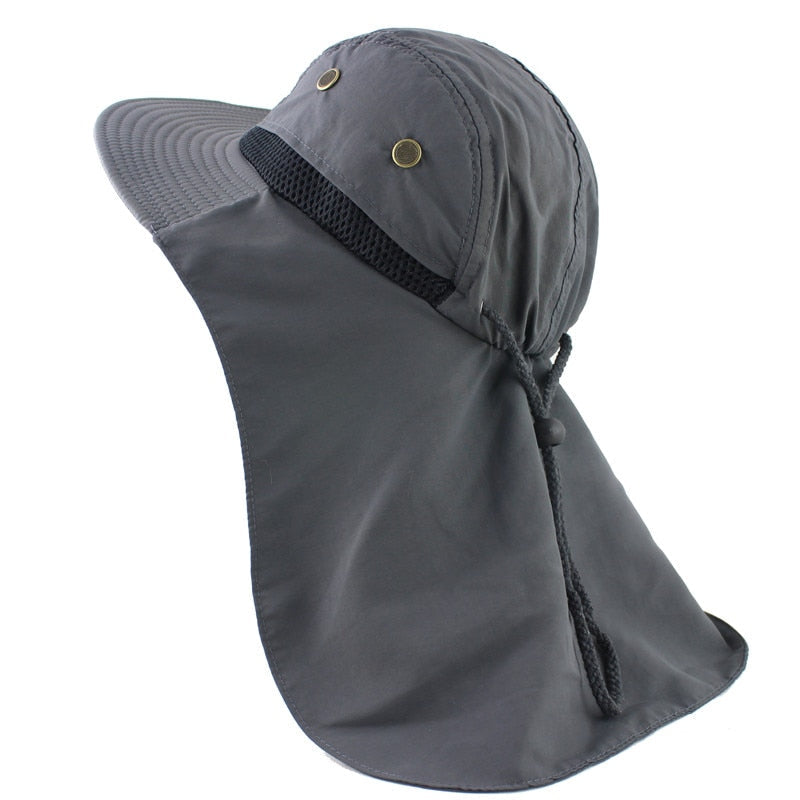 dark bucket hat with neck flap
