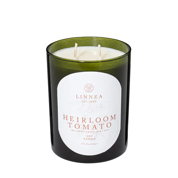 Ripe tomato, green stem, and soil infused organic soy candle. Linnea