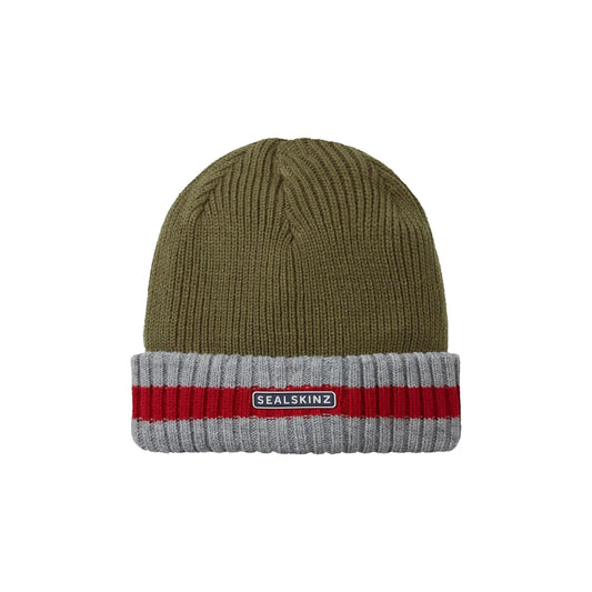 1 Holkham Waterproof Cold Weather Striped Roll Cuff Beanie  -  Small/Medium / Olive/Gray/Red