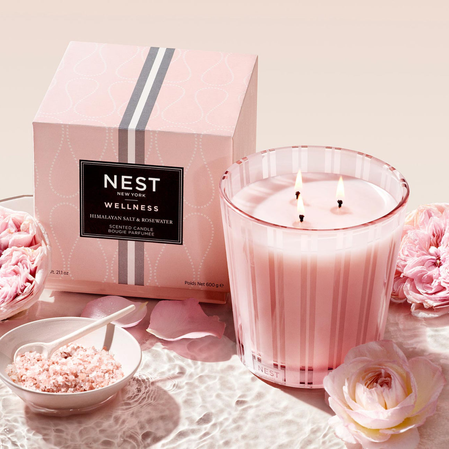 Topview Lifestyle Photo of Nest New York Himalayan Salt & Rosewater 3-Wick Candle with Box