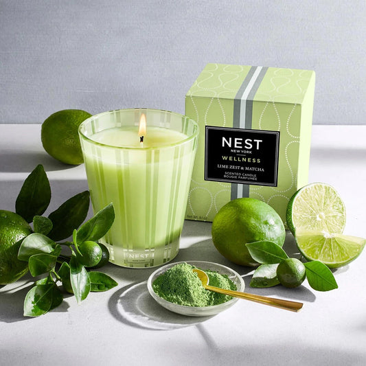 Topview Lifestyle Photo of Nest New York’s Lime Zest & Matcha Classic Candle with Box
