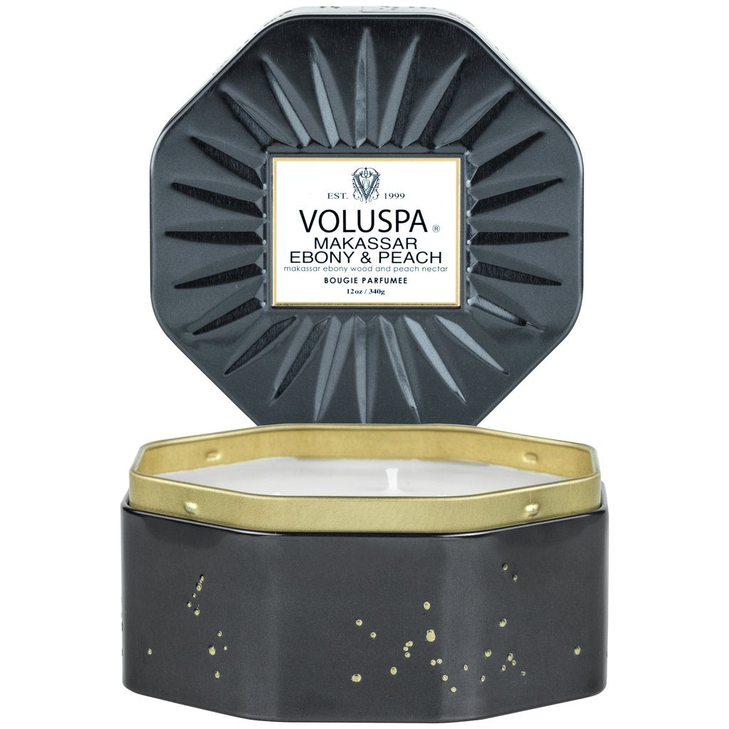 {Voluspa} 3 Wick Tin Candle :: Makassar Ebony and Peach