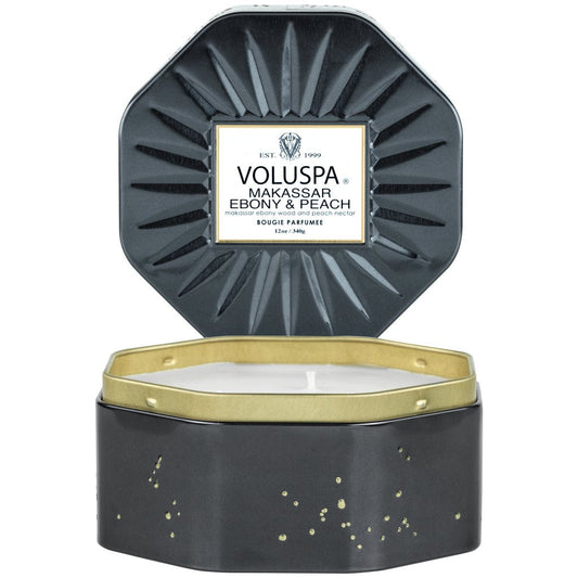 {Voluspa} 3 Wick Tin Candle :: Makassar Ebony and Peach