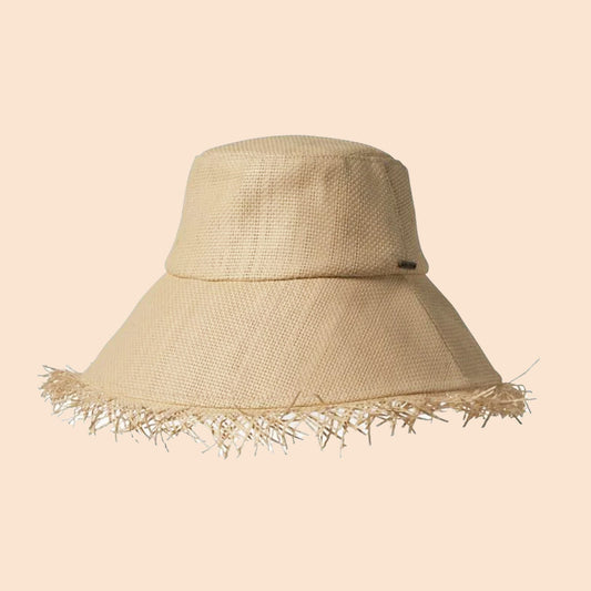 A tan woven bucket hat with a fringe edge.