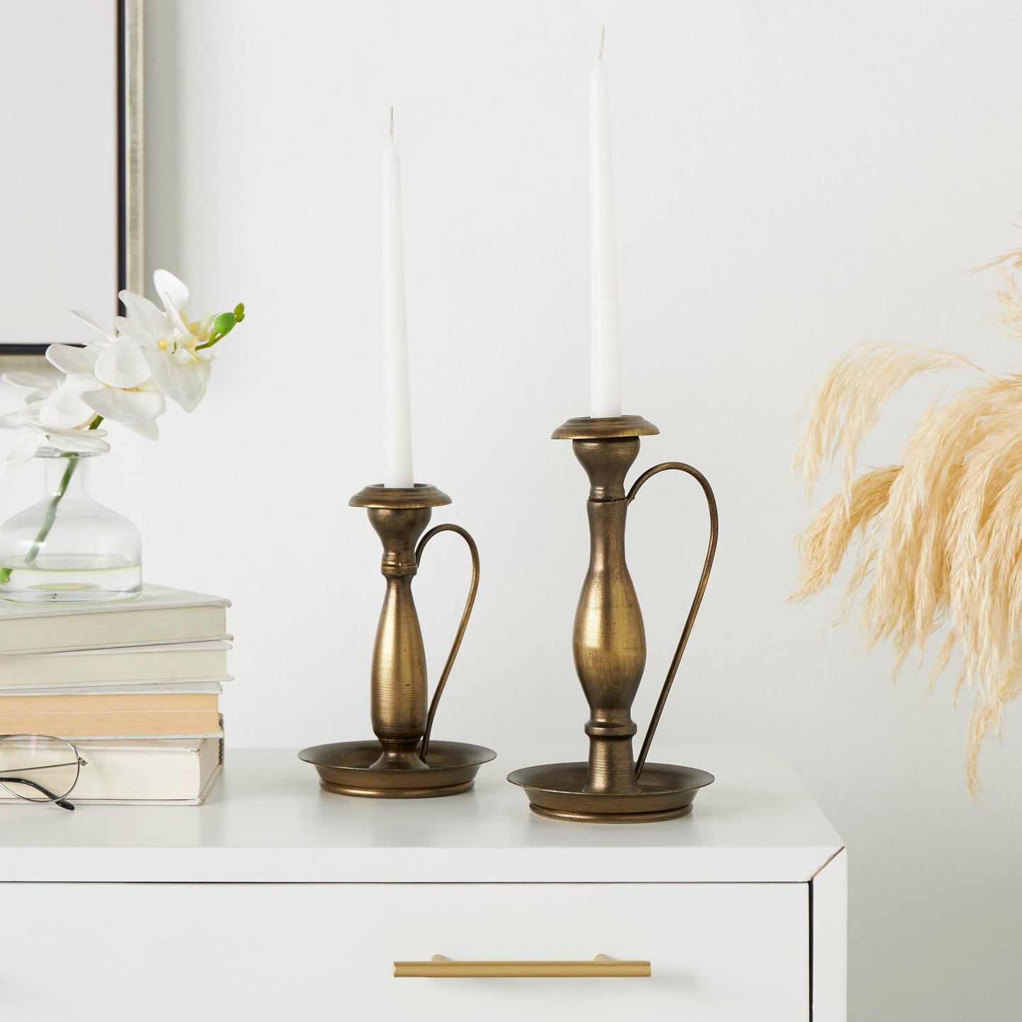 Set of 2 Bronze Metal Antique Style Candle Holder with Candle Plates and Handles