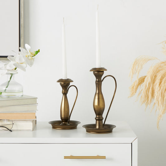 Set of 2 Bronze Metal Antique Style Candle Holder with Candle Plates and Handles